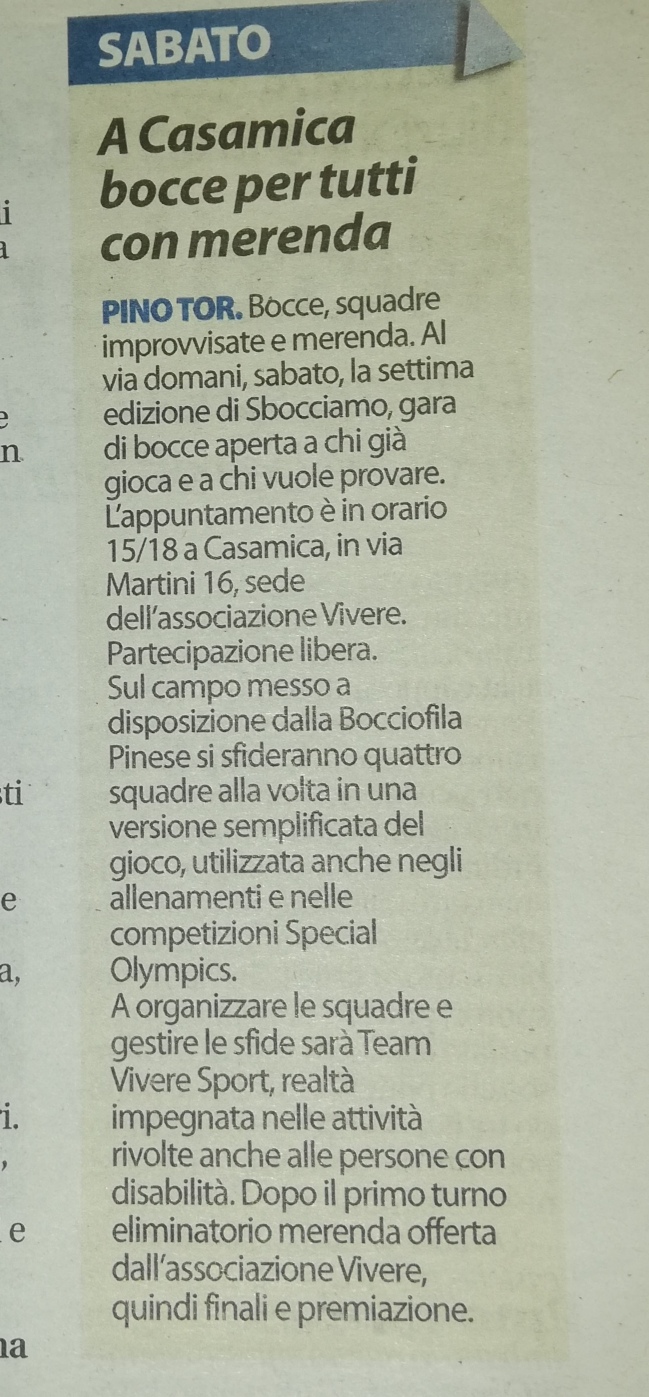 Corriere di Chieri 11-09-26: “A CasAmica bocce per tutti con merenda”.