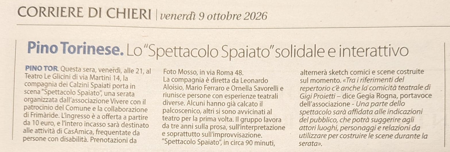 Corriere di Chieri 09-10-26: “Lo Spettacolo Spaiato solidale ed interattivo”.